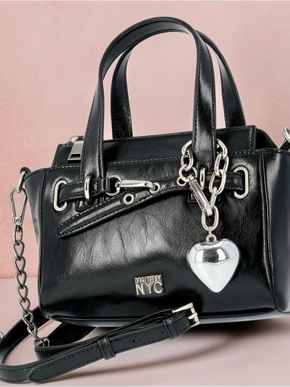 Madden NYC Black Clip Belt Satchel Mini Crossbody Handbag Heart Charm New